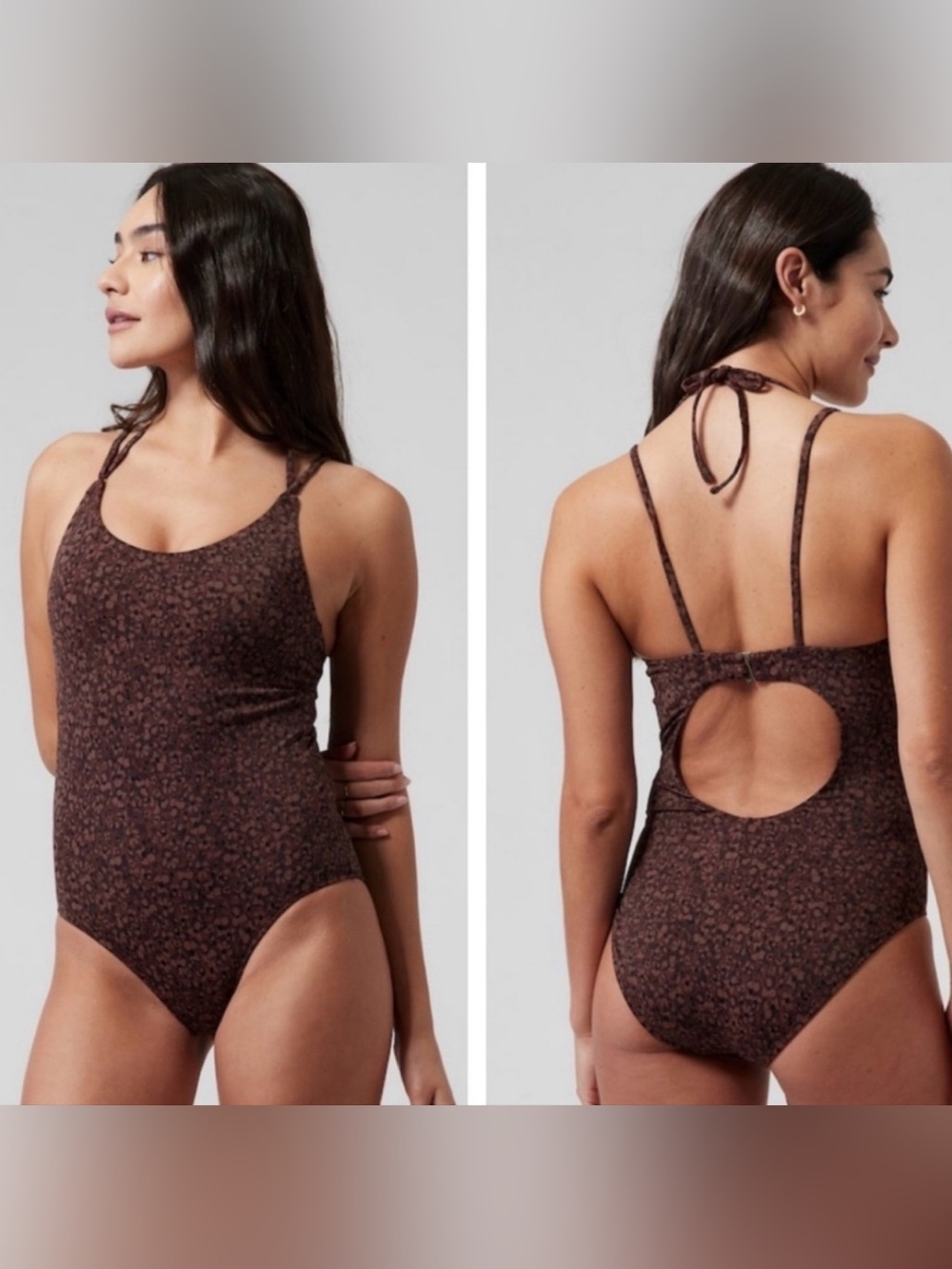 Athleta Keyhole "Camo Flora Decadent Chocolate" Print Swimsuit Size Medium
